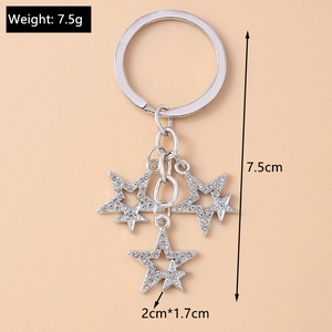 Gothic silver keychain with rhinestone star pendants and precise size dimensions