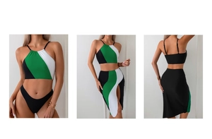 Detail view of a 3-piece swimwear set featuring geometric color blocks and a high-slit skirt