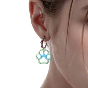 Chic cat paw drop earrings with blue-green gradient pendant on silver hoops for women