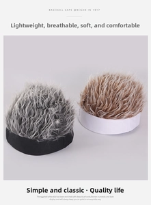 Detail view of breathable hip-hop beanie hats featuring curly synthetic hair wig toppers