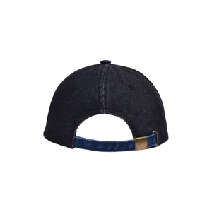 Detail view of the washed denim baseball cap with an adjustable bronze metal buckle