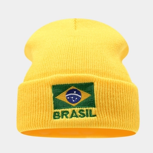 Yellow knit beanie with Brazil flag embroidery and green Brasil lettering for winter