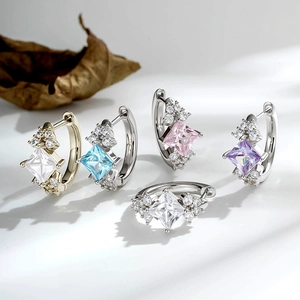 Square Cubic Zirconia Copper Hoop Earrings Princess Cut Sparkling Cartilage Studs Piercing Jewelry For Women Elegant