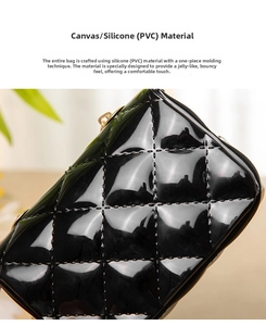 Detailed view of black quilted PVC mini bag with glossy jelly texture and silicone material