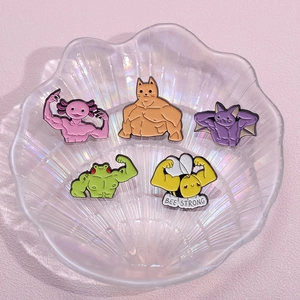 Cute set of 5 cartoon animal muscle enamel pins including bee frog and cat on tray