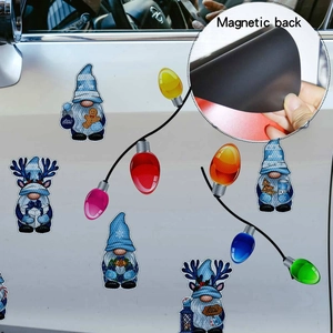 Detail showing the magnetic back of gnome and colorful bulb Christmas car decorations