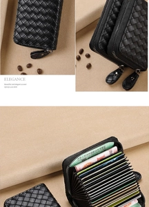 Détail du porte-cartes en cuir tressé noir avec double fermeture éclair et soufflets