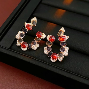 Vintage U-Shape Stud Earrings With Colorful Zirconia Inlaid Copper And 925 Sterling Silver Earring Post For Women