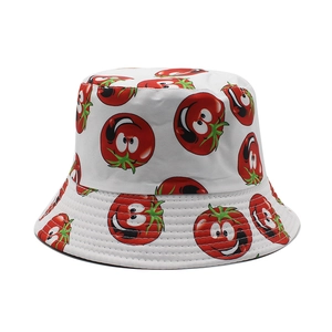 White reversible bucket hat with cute cartoon tomato prints for summer outdoor wear