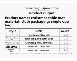 Size guide for Christmas cloth placemats featuring Santa and reindeer designs, 42x28cm size