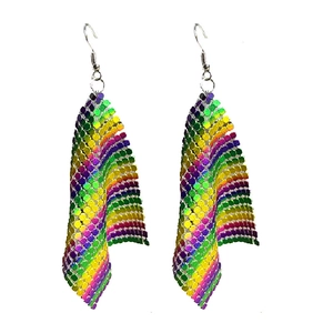 Exaggerated glitter sequin feather earrings with iridescent rainbow gradient finish