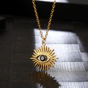 Retro evil eye pendant necklace in gold titanium steel with black center stone