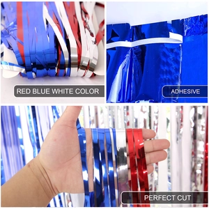 Detail of red blue white foil fringe curtain with adhesive backing and clean cut edges