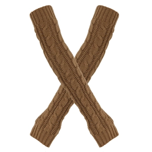 Brown cable knit long arm warmers for women made of thick warm wool yarn
