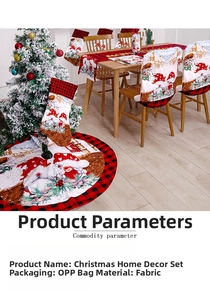 Detail of red and black plaid Christmas tree skirt and stocking set with holiday patterns
