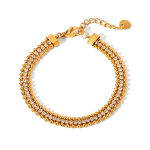 Elegant gold-plated bracelet with three rows of beads and sparkling white zircons