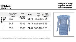 Detailed size guide table for bodycon lace dress showing measurements in centimeters