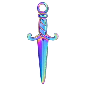Detailed macro view of a 18k rainbow plated stainless steel sword pendant with intricate hilt