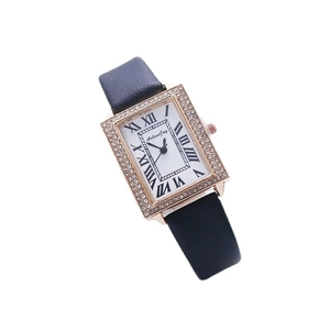 Women's rectangular rose gold quartz watch with diamond bezel and black leather strap