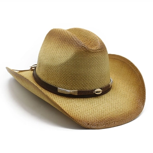 Western straw cowboy hat with gradient brown tone and decorative shell ornament