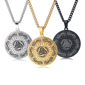 Viking Runic Symbol Pendant Necklace Stainless Steel Valknut Celtic Knot Round Medallion Hip Hop Punk Jewelry For Men Women