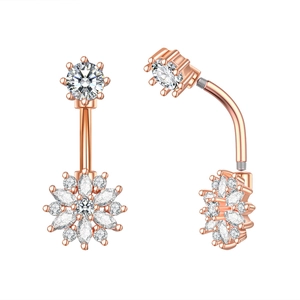 Macro view of rose gold flower belly ring with white zircon stones from dual angles