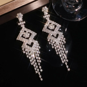 Elegant silver long tassel drop earrings with sparkling rhinestones for party wear