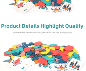 Detailed view of colorful wooden geometric blocks and double-sided pattern cards