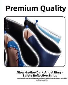 Detail of shark print kids umbrella with reflective safety glow strip for night visibility