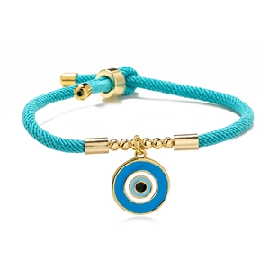 Adjustable blue woven rope bracelet with gold beads and enamel evil eye charm for women