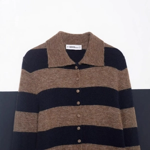 Polished striped knit cardigan with polo collar and button details in brown and black