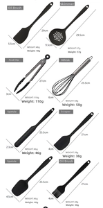 Size chart showing dimensions and weight for 8-piece silicone kitchen utensil set