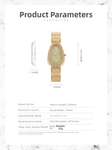 Detailed specifications for snake-shaped jewelry watch with full crystal pavé details