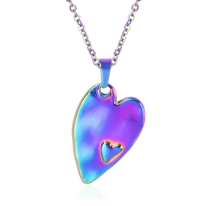 Rainbow plated stainless steel heart pendant necklace on white background