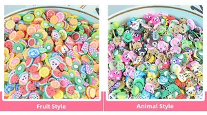 5mm fruit and animal polymer clay slices for DIY crafts in white bowls closeup