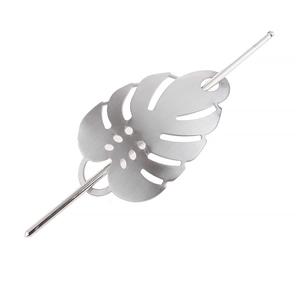 Silver alloy hair pin with hollow leaf design and brushed metal finish for women