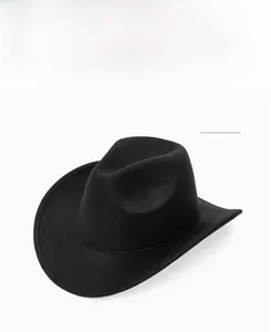 Detail shot of the wide brim and smooth wool felt texture of this black western jazz hat