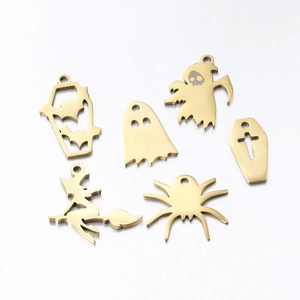 Set of 6 gold stainless steel Halloween charms featuring ghost, bat, and spider motifs