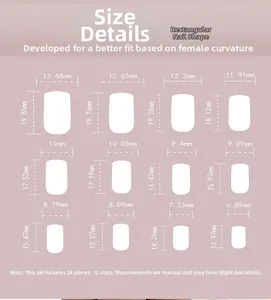 Detailed size chart for square leopard print press-on nails showing 12 sizes and measurements