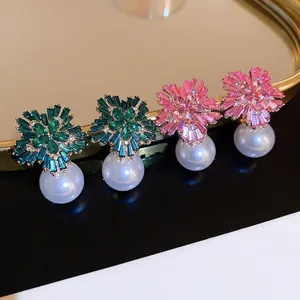 Elegant Flower Artificial Pearl Drop Earrings With Rhinestone Zirconia And 925 Sterling Silver Earring Post Jewelry For Women