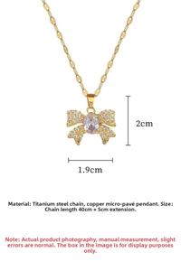 Detailed view of titanium steel bow necklace with size dimensions and micro-set zircon