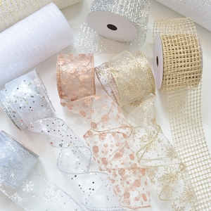 Christmas Ribbon Roll Chiffon Organza Mesh Glitter Sequins Snowflake Polka Dot Wired Edge For Tree Decoration Gift Wrap