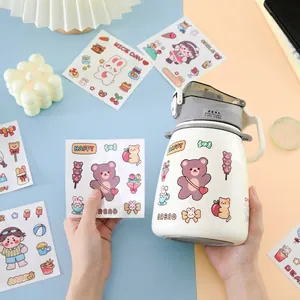 Cute cartoon water bottle with straw and colorful PVC stickers featuring bears and bunnies