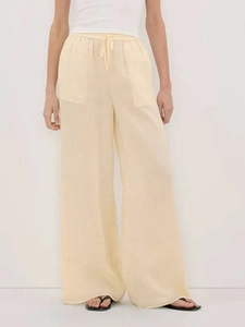 Women light yellow wide-leg shirt pants set with drawstring waist and large front pockets