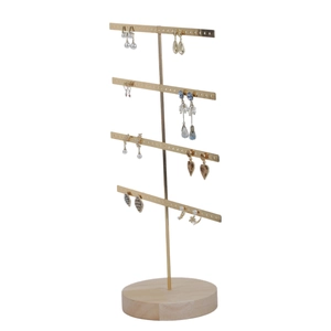 Four-tier gold metal earring stand holder with a solid wooden base for jewelry display