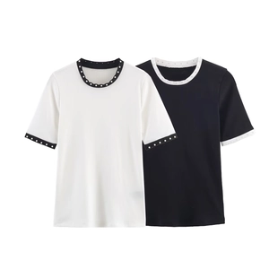 T-Shirt Da Donna A Maniche Corte Con Bordo In Künstliche Perle Sintetiche Girocollo Colore A Contrasto Maglia Casual Top Streetwear