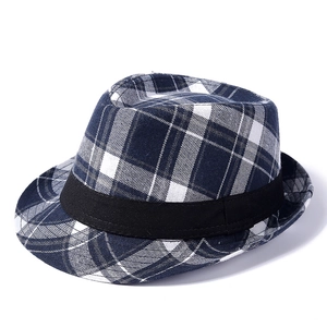 Classic British style blue and white plaid fedora hat with a black decorative ribbon band