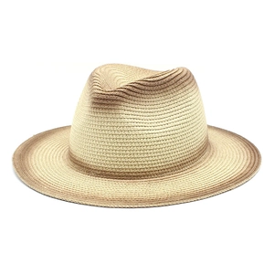 Close-up of finely woven straw fedora hat featuring a brown gradient finish on the brim