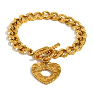 Bracelet chaîne cubaine en acier inoxydable doré 18K avec pendentif cœur et fermoir en T