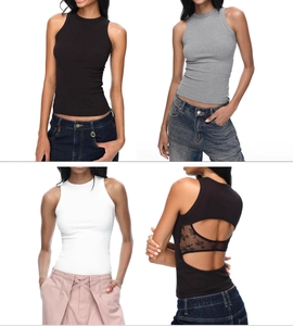 Close-up of the back cutout detail with lace splicing on ribbed sports tank tops